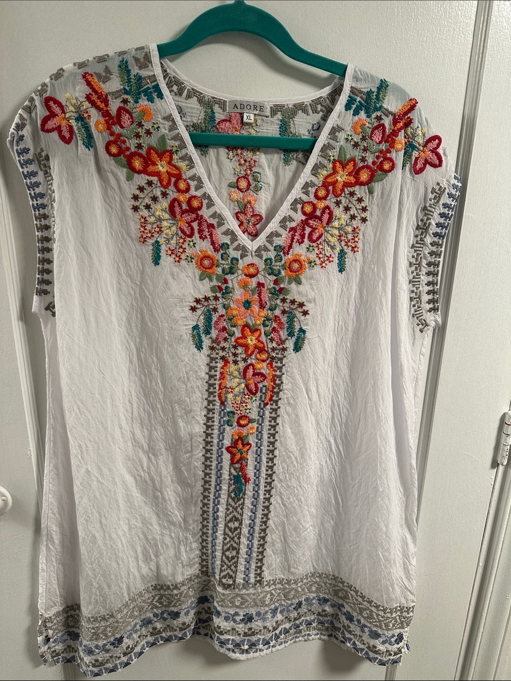 Adore White Tunic Top with Multicolor Floral Embroidery